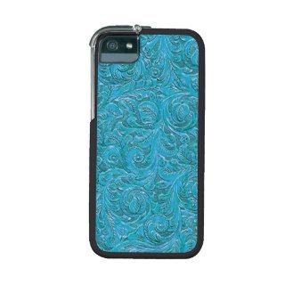 Flower/Floral Faux Tooled Leather Blue Green iPhone 5/5S Cases