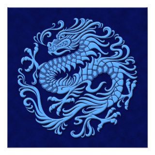Traditional Blue Chinese Dragon Circle Custom Invitations