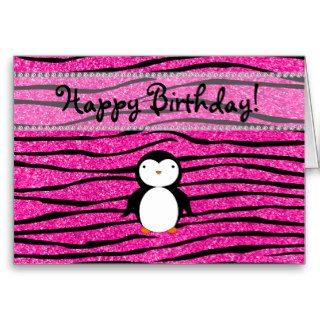 Custom name penguin pink glitter zebra stripes card