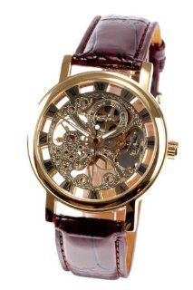 Leather Wrist Watch Skeleton Automatic Watch Gold Brown No.449 