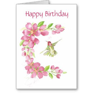 Blank Birthday Cherry Blossom & Hummingbird Card