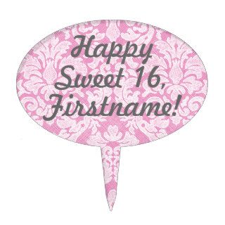 Happy Sweet Sixteen Lace Pattern   pink gray Cake Pick