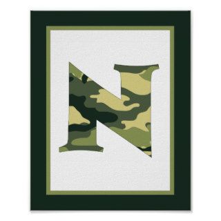 Letter N Camo Green Monogram Initial Wall Art Posters