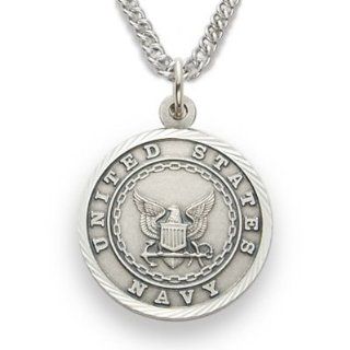 Sterling Silver 3/4" Round Engraved U.S. Navy Medal w/ St. Michael on Back on 20" Chain Jewelry