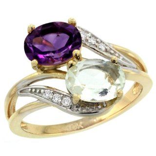 14k Yellow Gold Purple & Green Amethyst 2 stone Mother's Ring Oval 8x6mm Diamond Accents, 3/4 inch wide, sizes 5   10 Jewelry