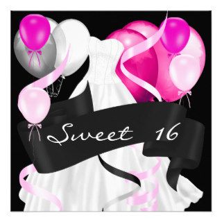 Sweet Sixteen Black Pink White Dress Balloons Personalized Invite