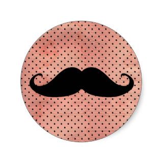 Funny Mustache On Cute Pink Polka Dot Background Round Sticker
