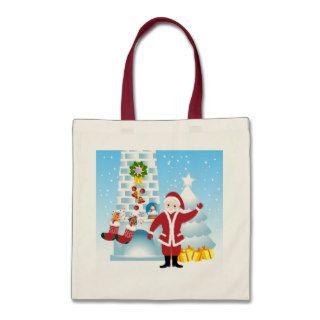 Santa Claus near fireplace and presents Canvas Bags