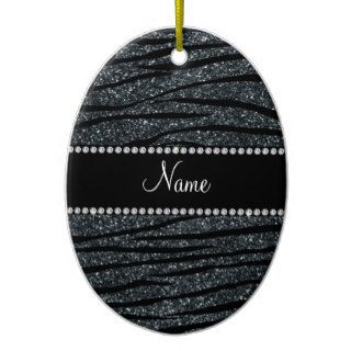 Personalize name dark gray glitter zebra stripes christmas ornaments