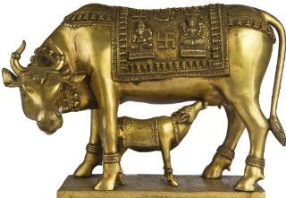 Cow and Calf   Most Sacred Animal of India (Saddle Decorated with Lakshmi Ganesha)   Brass Sculpture   Statues