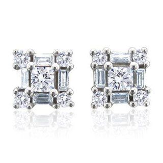 14k White Gold Round, Baguette, Princess Cut Diamond Earrings Studs (GH, I1 I2, 0.52 carat) Diamond Delight Jewelry