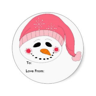 Pink Snowman Gift Tags Round Stickers