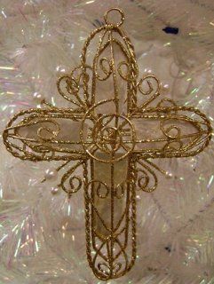 5.25" Gold Glitter Capiz Shell Cross With Swirl Design Christmas Ornament #39433   Christmas Bell Ornaments