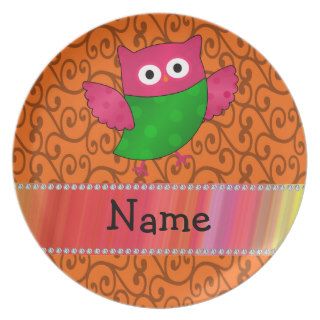 Personalized name cute owl orange swirls plate