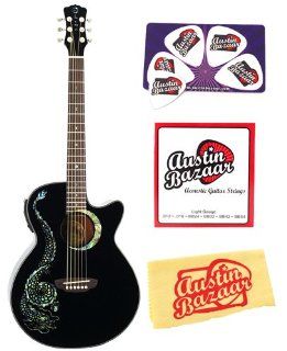 Luna Fauna Series Dragon Cutaway Acoustic Electric Guitar Bundle with Strings, Pick Card, and Polishing Cloth   Black Musical Instruments