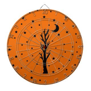 Spooky Black Silhouette Tree Crescent Moon Stars Dartboard With Darts