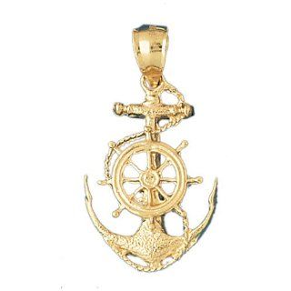 14K Yellow Gold Anchor With Ships Wheel Pendant Jewelry
