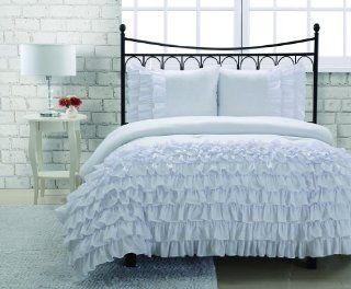 3 pieces White Textured Ruffle Soft Comforter Set, Full Size  