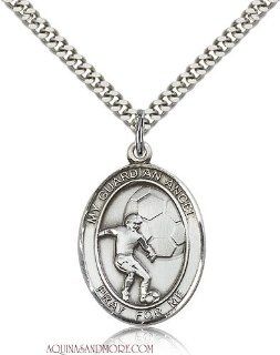 Guardian Angel Soccer Large Sterling Silver Medal Chain Necklaces Jewelry
