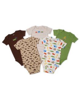 Carter's Baby Boys 5 pack S/S 100% Cotton Wiggle in Bodysuits Khaki (Jungle Safari) 12 Months Baby