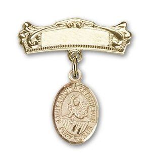 JewelsObsession's 14K Gold Baby Badge with St. Lidwina of Schiedam Charm and Arched Polished Badge Pin Jewels Obsession Jewelry