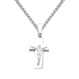 14K White Gold Jesus Cross Religious Charm Pendant with White Gold 1.7mm Flat Open wheat Chain Necklace with Lobster Claw Clasp   Pendant Necklace Combination (Different Chain Lengths Available) The World Jewelry Center Jewelry