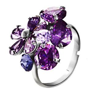 Purple Flowers Zircon Size Adjustable Platinum Plated Ring for Teen Girl Jewelry