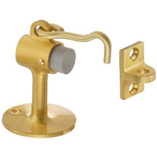 Rockwood 473.4 Brass Door Stop with Keeper, #8 x 3/4" OH SMS Fastener with Plastic Anchor, 2 1/2" Base Diameter x 3 3/4" Height, Satin Clear Coated Finish