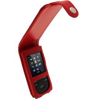 iGadgitz Red Leather Flip Case Cover for Sony Walkman NWZ E473 NWZ E474 NWZ E574 NWZ E575 E Series Video  Player 4gb 8gb 16gb (NWZ E474B, NWZ E574B, NWZ E575B, NWZ E473K)  Sony Walkman Case With Clip   Players & Accessories