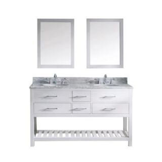 Virtu USA Caroline Estate 60.8 in. Double Round Basin Vanity in White with Marble Vanity Top in Italian Carrara White and Mirror MD 2260 WMRO WH