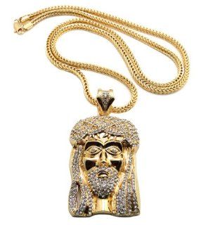 New Iced Out Gold Crowned Jesus Face Pendant w/4mm 36" Franco Chain Necklace XP474G Jewelry