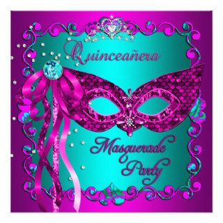 Pink Teal Masquerade Quinceanera Party Personalized Invitations