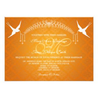 Elegant Wedding Birds Monogram Orange Custom Invite