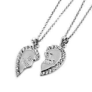 Best Friends Necklace Set; 18"L Chain And 1.5"L Pendant; Set Of 2; Silver Tone Metal; Clear Rhinestones; Lobster Clasp Closure; Jewelry