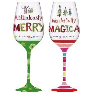 Cypress Wonderfully Quirky Handpainted Wine Glass, 2 Asst holiday sentiment designs Kitchen & Dining