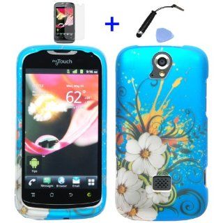 4 items Combo Mini Stylus Pen + LCD Screen Protector Film + Case Opener + Blue White Hawaiian Flower Green Vine Design Rubberized Snap on Hard Shell Cover Faceplate Skin Phone Case for T Mobile myTouch Q (Huawei version myTouch Q / U8730) Cell Phones &am