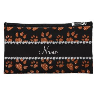 Personalized name burnt orange glitter cat paws cosmetics bags