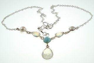 925 Sterling Silver RAINBOW MOONSTONE, LARIMAR, PEARL Necklace, 17.38   19.38", 15.7g Jewelry