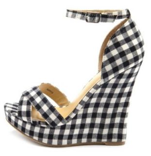Black Plaid Cross front Gingham Fabric Wedge Sandals Shoes