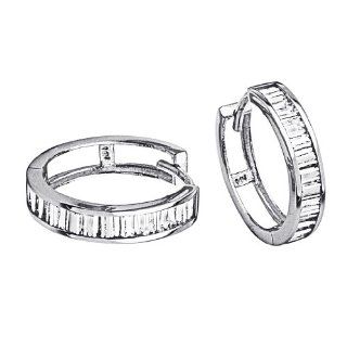 14K White Gold 4mm Thickness Baguette CZ Channel Set Large Polished Hoop Huggies Earrings (0.6" or 15mm) Goldenmine Jewelry