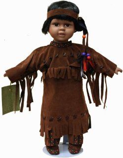 Native American Porcelain Doll 16 Inches with Traditional Faux Brown Leather Dress with Beading and Headdress Toys & Games