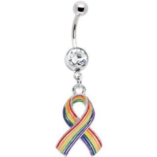 Crystalline Gem Fabulous Rainbow Pride Ribbon Belly Ring Body Candy Jewelry