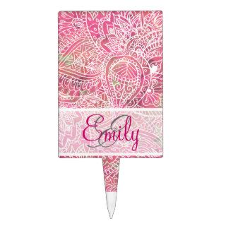 Monogram Pink Tribal Abstract Floral Paisley Cake Toppers