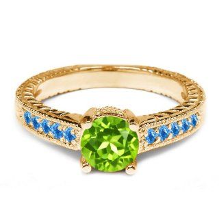 1.10 Ct Round Green Peridot Swiss Blue Topaz 18K Yellow Gold Engagement Ring Jewelry