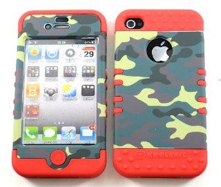 3 IN 1 HYBRID SILICONE COVER FOR APPLE IPHONE 4 4S HARD CASE SOFT RED RUBBER SKIN CAMO RD TE488 KOOL KASE ROCKER CELL PHONE ACCESSORY EXCLUSIVE BY MANDMWIRELESS Cell Phones & Accessories