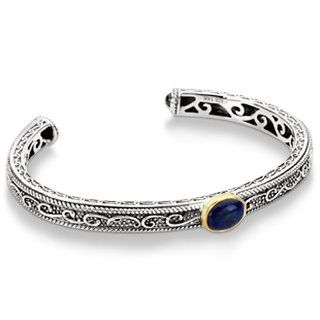 Cabochon Lapis and Blue Sapphire Cuff Bracelet For Women Sterling Silver (1.68t) Allurez Jewelry