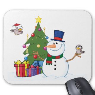 Friendly Snowman With A Cute Birds Mouse Pad