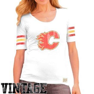 Original Retro Brand Calgary Flames Ladies 3 Stripe Primary Logo Scoop T Shirt   White  Sports Fan Apparel  Sports & Outdoors