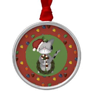 Santa Cat with Candy Cane and Wreath Christmas Ornaments