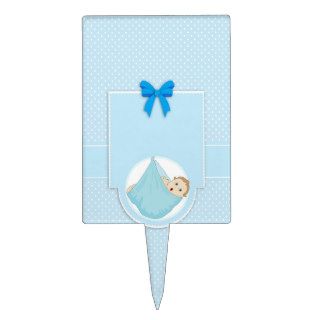 Cute Blue Polka Dots Boy Baby Shower Invitation Cake Topper